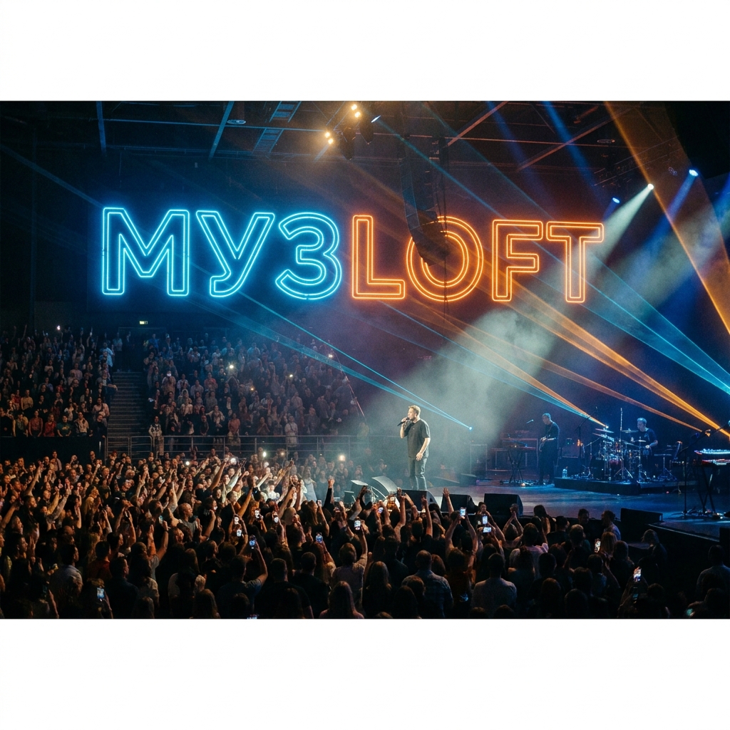 Сцена МУЗLOFT — массивный неоновый логотип, лазеры, живая группа